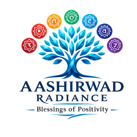 Aashirwad Radiance logo: a blue tree of life under seven chakra symbols